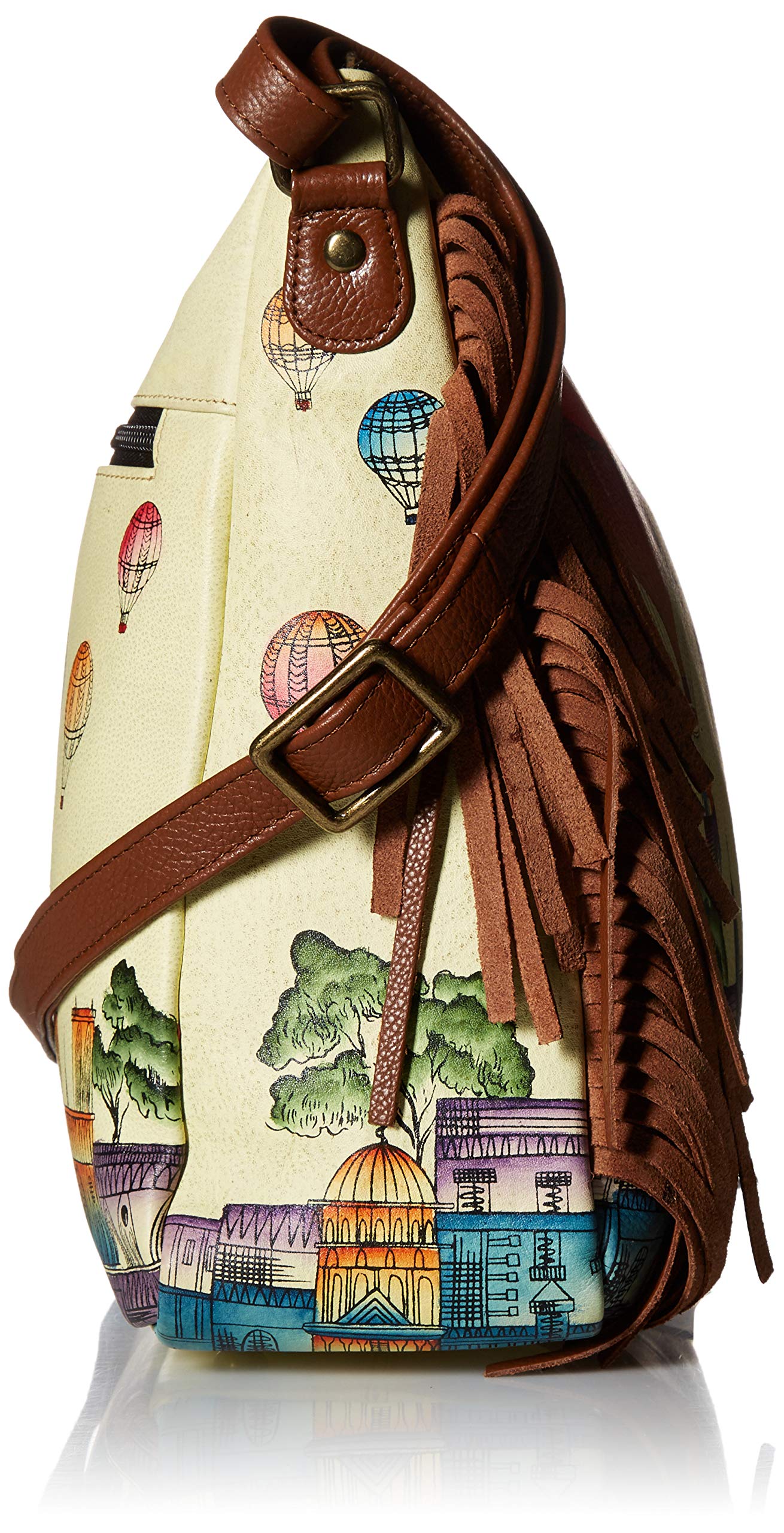 Anna by Anuschka Women's Handpainted Women's Large Genuine Leather Fringed Hobo - with Zippered Pockets and Adjustable Strap
