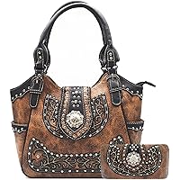 Western Style Rhinestone Concho Concealed Carry Purse Country Handbag Women Shoulder Bag Wallet Set Brown