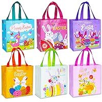Happy Easter Egg Hunt Bags Bunny Carrot Chick Gift Bags with Handles, Treat Bags, Reusable Non-Woven Easter Bags for Gifts Wrapping, Party Supplies, Easter Basket Container, 9.1×8.7×4.5inch, 6-Piece