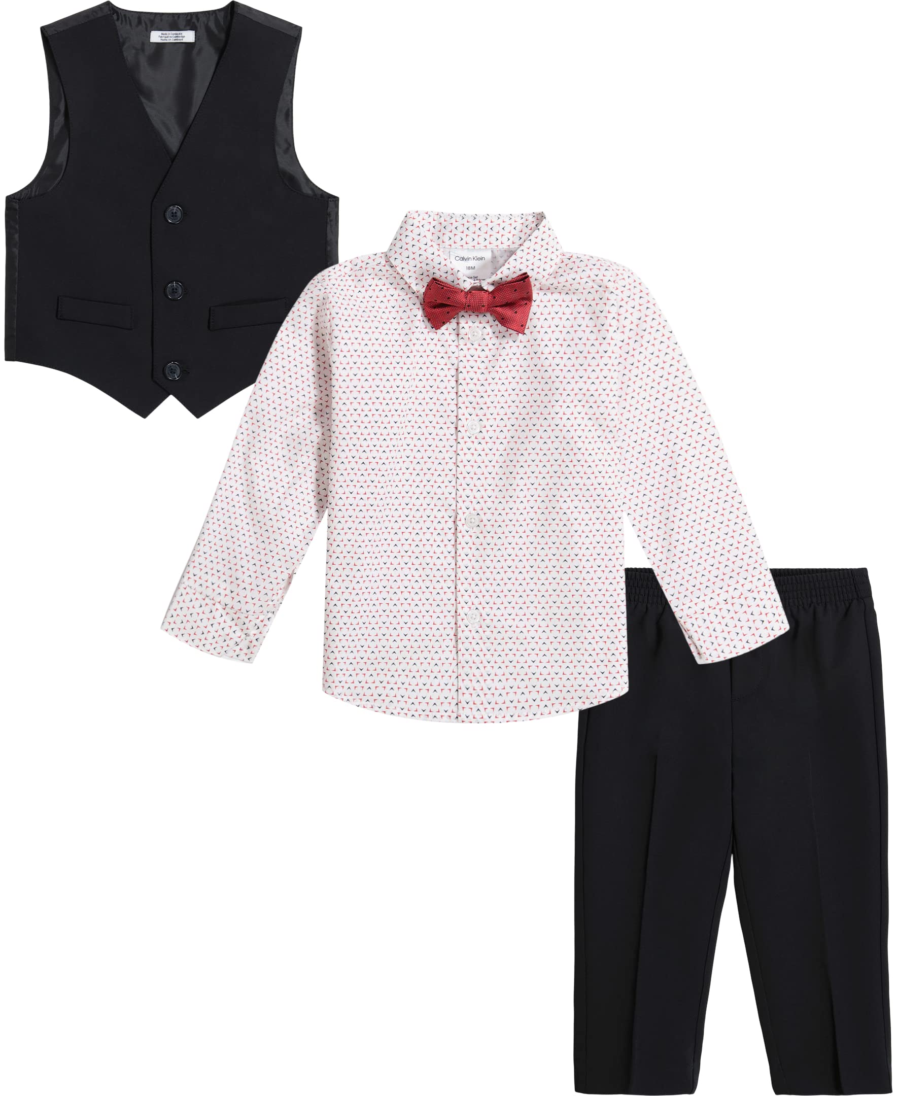 Calvin Klein Baby Boys' 4-Piece Formal Set, Includes Dress Shirt with Bow Tie, Suit Vest & Dress Pants