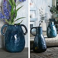 Blue Ceramic Vase Set with 2 Handles, Modern Farmhouse Decor, Rustic Terracotta Vases, Decorative Pottery Flower Vases, Clay Centerpieces - Bundle of 3