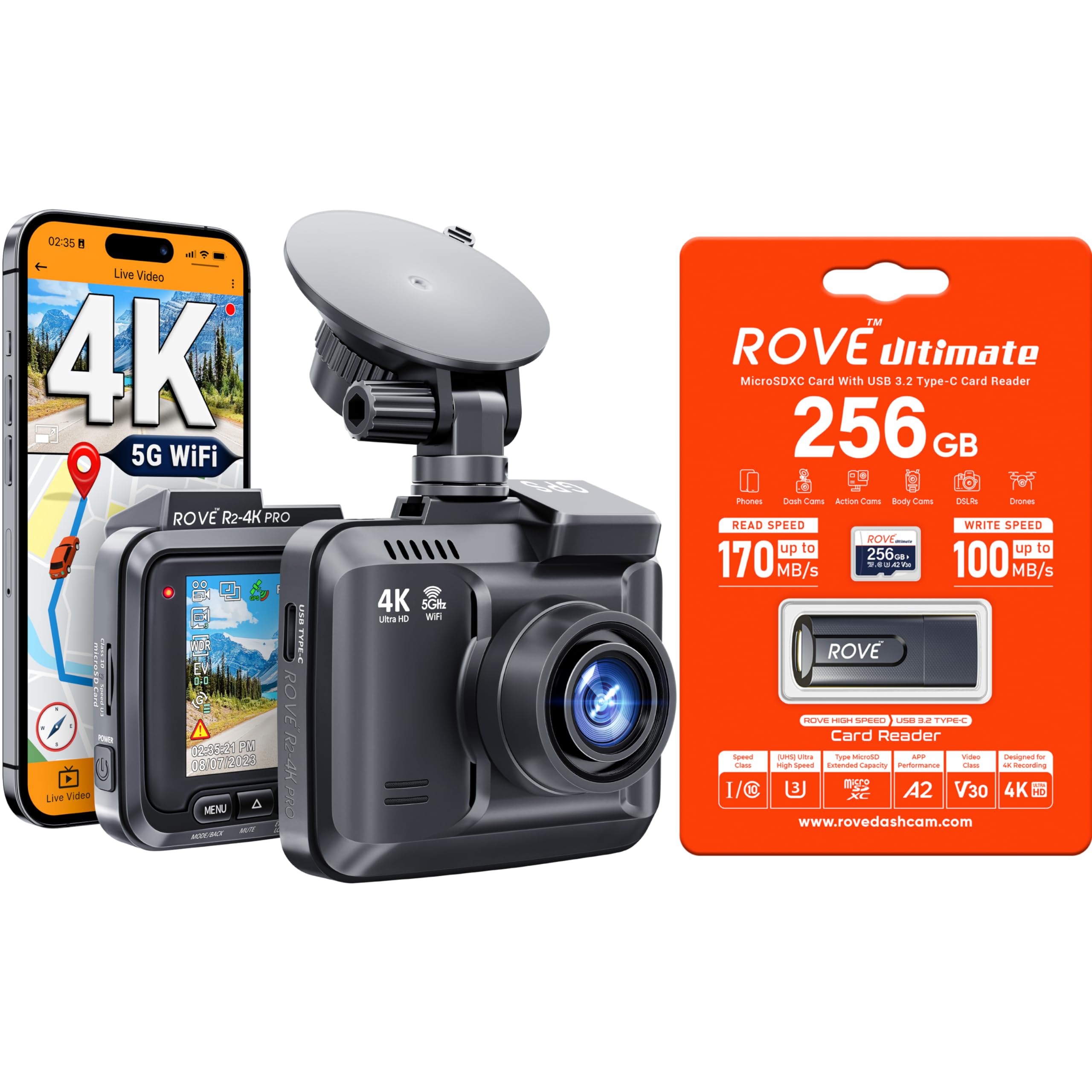 ROVE R2-4K PRO Dash Cam | 256GB Micro SD Card