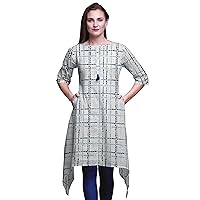 Bimba Blue Check Shibori Asymmetric Kurta Indian Tunic Tops For Women Printed Indian Clothing XSmall