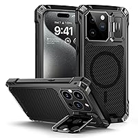 Lanhiem iPhone 15 Pro Max Metal Case, [Built-in Camera Kickstand & Glass Screen Protector] Protective Heavy Duty Full Body Military Rugged Shockproof Magnetic Cover (Black)