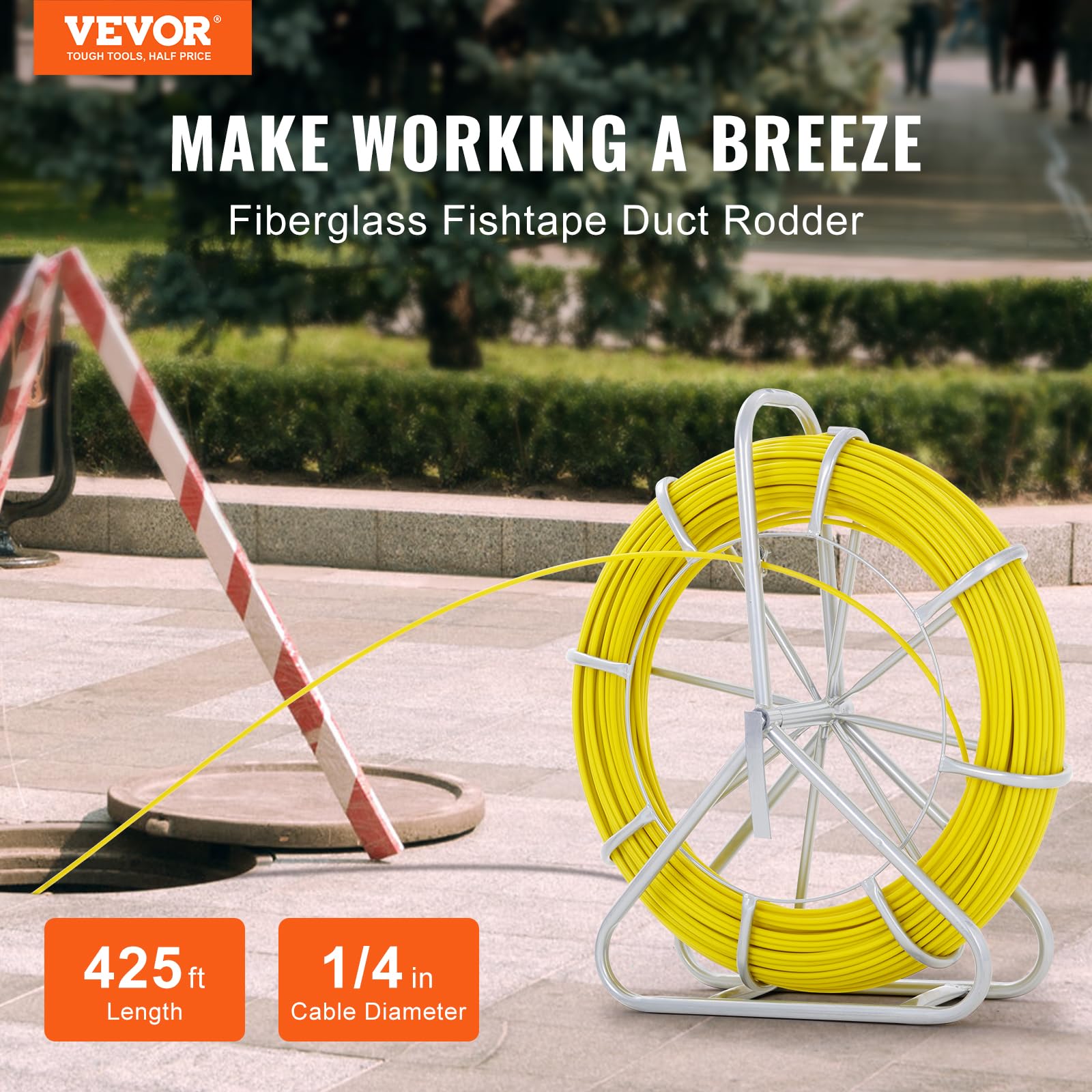 VEVOR Fish Tape Fiberglass, 1/4 in, Electrical Fish Tape 425ft, Duct Rodder Fishtape Wire Puller, Cable Running Rod with Steel Reel Stand 6MM x 130M
