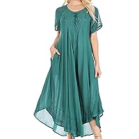 Sakkas Egan Long Embroidered Caftan Dress/Cover Up with Embroidered Cap Sleeves