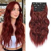 NAYOO Wine Red Hair Clip Extension for Women 4PCS Thick Hairpieces Long Wavy Natural Synthetic Clip in Hair Extensions（20 inch, Wine Red）