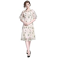 Womens Short Sleeve Floral Embroidered Sheer Mesh Casual A-line Dress