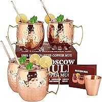 will's Moscow Mule Copper Mugs - Set of 4-100% Pure Solid Copper Mugs - 16 oz Premium Gift Set with 4 Cocktail Copper Straws, Shot Glass and Recipe Booklet