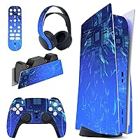 PlayVital Skin Decal for ps5 Console Disc Edition, Full Set Sticker Wrap Vinyl Decal Cover for ps5 Controller & Charging Station & Headset & Media Remote - Blue Light Graphic
