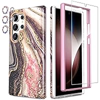 Designed for Samsung Galaxy S24 Ultra Case, with Shiny Camera Cover & Screen Protector, Fade-Proof Chic Pattern, Shockproof Protective, Slim Thin Phone Case for S24 Ultra, Black Pink