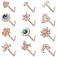 JeryWe 12Pcs Nose Studs 20g Nose Stud L Shaped Diamond CZ Nose Rings Stud for Women Surgical Steel Nose Rings Nose Screw Nose Piercing Stud Butterfly Heart Flower Nostril Jewelry Silver Rose Gold