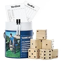 Large Wooden Yard Dice Set of 6 with Two Games and Cardboard Bucket