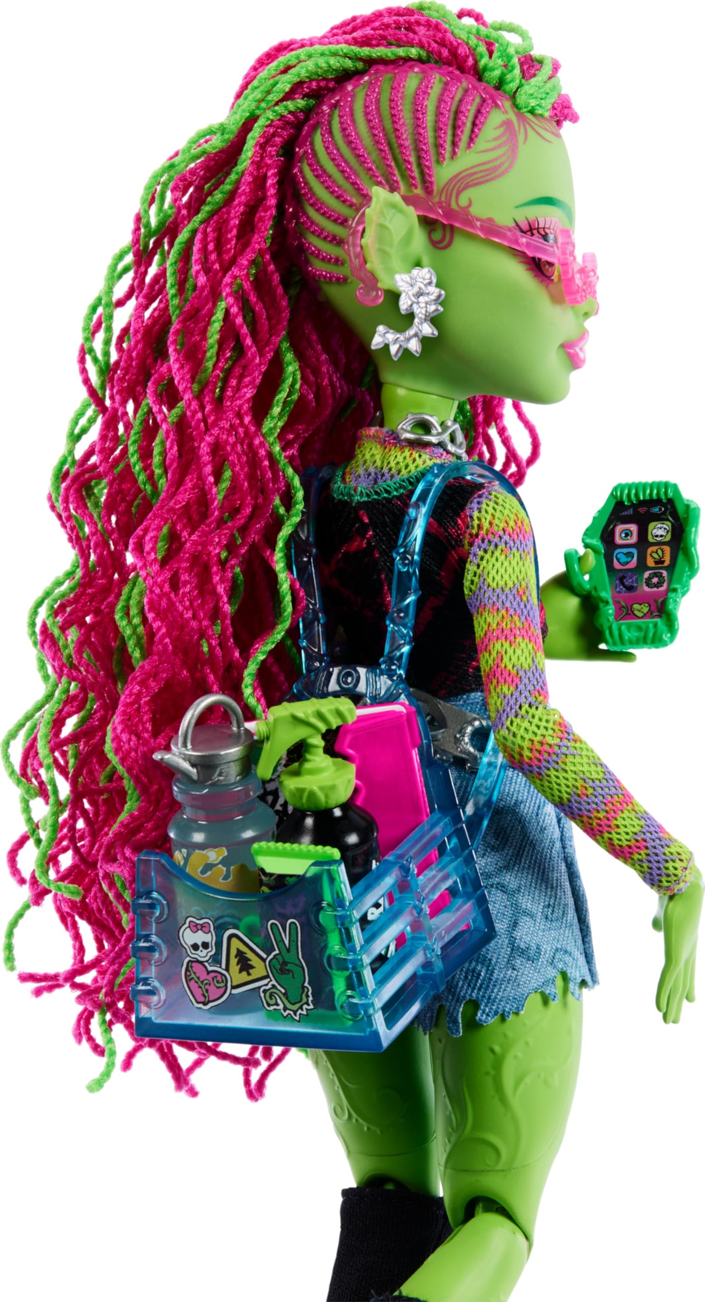 Monster High Venus McFlytrap Doll with Plant Monster Pet Cat Chewlian and Accessories Like Backpack, Notebook, Snacks and More