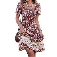 KIRUNDO Women's 2024 Summer Square Neck Smocked Floral Dress Boho Off Shoulder Ruffle Tiered Flowy Mini Short Dresses