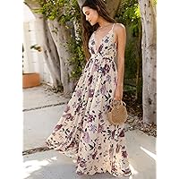 Fall Dresses for Women 2023 Plunging Neck Crisscross Backless Floral Maxi Dress Dresses for Women (Color : Apricot, Size : Small)