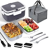 Electric Heated Lunch Box for Adults - 90W 2L Double Layer Portable Food Warmers for Work 12V/24V/110V/220V Fast Heating Food Heater for Car&Truck 304 Stainless Steel (GREY)
