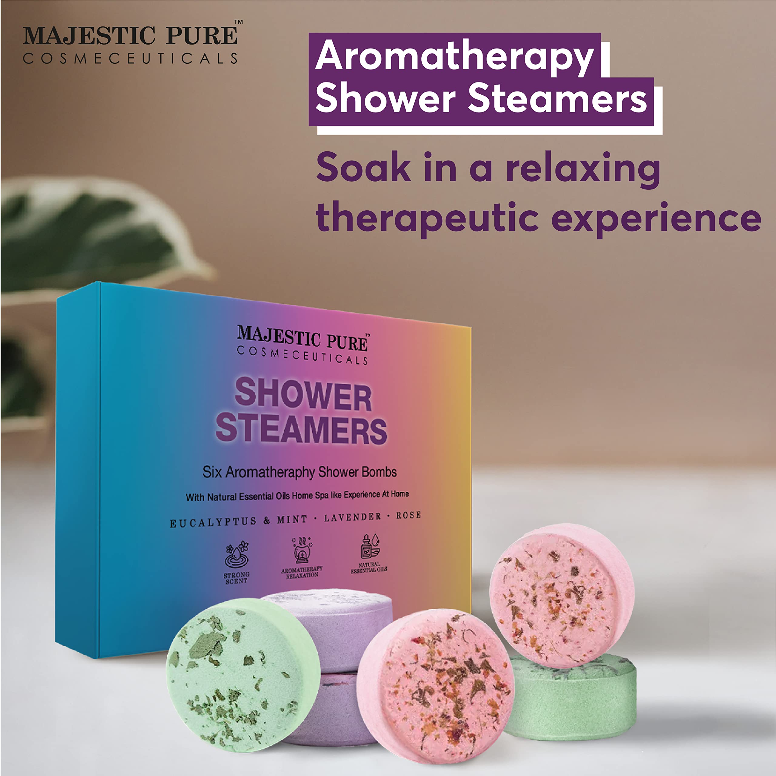 Majestic Pure Shower Steamers | Variety Pack of 6 Shower Tablets with Essential Oils | Relaxing & Rejuvenating | Gifts for Men & Women
