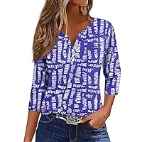 3/4 Sleeve T Shirts for Women Fashion Button Down Shirts Printed V Neck Tshirts Henley Relaxed Fit T Shirts