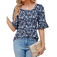 Womens 3/4 Sleeve Shirts Summer Square Neck Bell Sleeve Tops Business Casual Loose Tunic Work Dressy Blouses