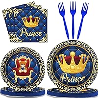 chiazllta 96 Pcs Royal Blue Prince Party Paper Plate and Napkins Supplies Little Blue Prince Theme Baby Shower Dinnerware Decor Blue and Gold Crown Paper Plate Napkin Fork for Party Favors 24 Guests