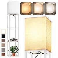 Floor Lamp with Shelves for Living Room White, Shelf Floor Lamp with 3 CCT LED Bulb, Corner Display Standing Column Lamp Etagere Organizer Tower Nightstand with White Linen Shade for Bedroom, Office