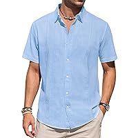 Mens Linen Shirts Short Sleeve Button Up Casual Lightweight Solid Shirt Stylish Cuban Guayabera Beach Tops