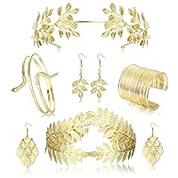 Kakonia Grecian Goddess Costume Accessories Set for Women Golden Laurel Leaf Crown Headband Snake Upper Arm Cuff Coil Bracelet Leaf Dangle Earrings Bridal Wedding Toga Costume Jewellery