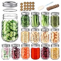 Mason Jars 16 oz with Airtight Lids and Bands, 15 Pack Regular Mouth Canning Jars, Clear Glass Pint Jars for Canning, Pickling, Food Storage, DIY Projects, 24 Labels, Brush & String Included