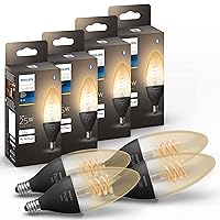 Philips Hue Smart 25W Candle-Shaped Filament LED Bulb - Soft Warm White Light - 4 Pack - 270LM - E12 - Indoor - Control with Hue App - Works with Alexa, Google Assistant and Apple Homekit.