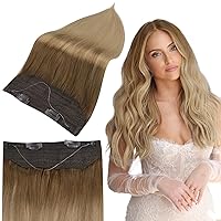 Full Shine Wire Human Hair Extensions 80 Grams Golden Brown to Dirty Blonde Hair Extensions Human Hair Wire Hair Extensions With Transparent Fish Line Invisible Hairpiece One Piece 16 Inch