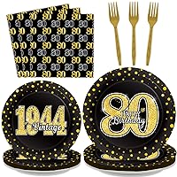 96PCS 80th Theme Birthday Party Tableware Vintage 1944 Party Supplies 80 Year Old Birthday Party Decorations Plates Napkins Forks Black and Gold Dinnerware Favors for Men or Women