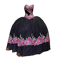 Strapless Sparkly Tulle Printed Red Hot Pink Flower Embroidered Mexican Ball Gown Quince Prom Dresses Big Bow