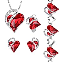 Leafael Infinity Love Heart Necklace, Stud Earrings, Bracelet, and Ring Set, July Birthstone Crystal Jewelry, Silver Tone Gifts for Women, Siam Ruby Red