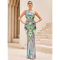 Allover Print One Shoulder Sequin Formal Gown (Color : Multicolor, Size : Small)