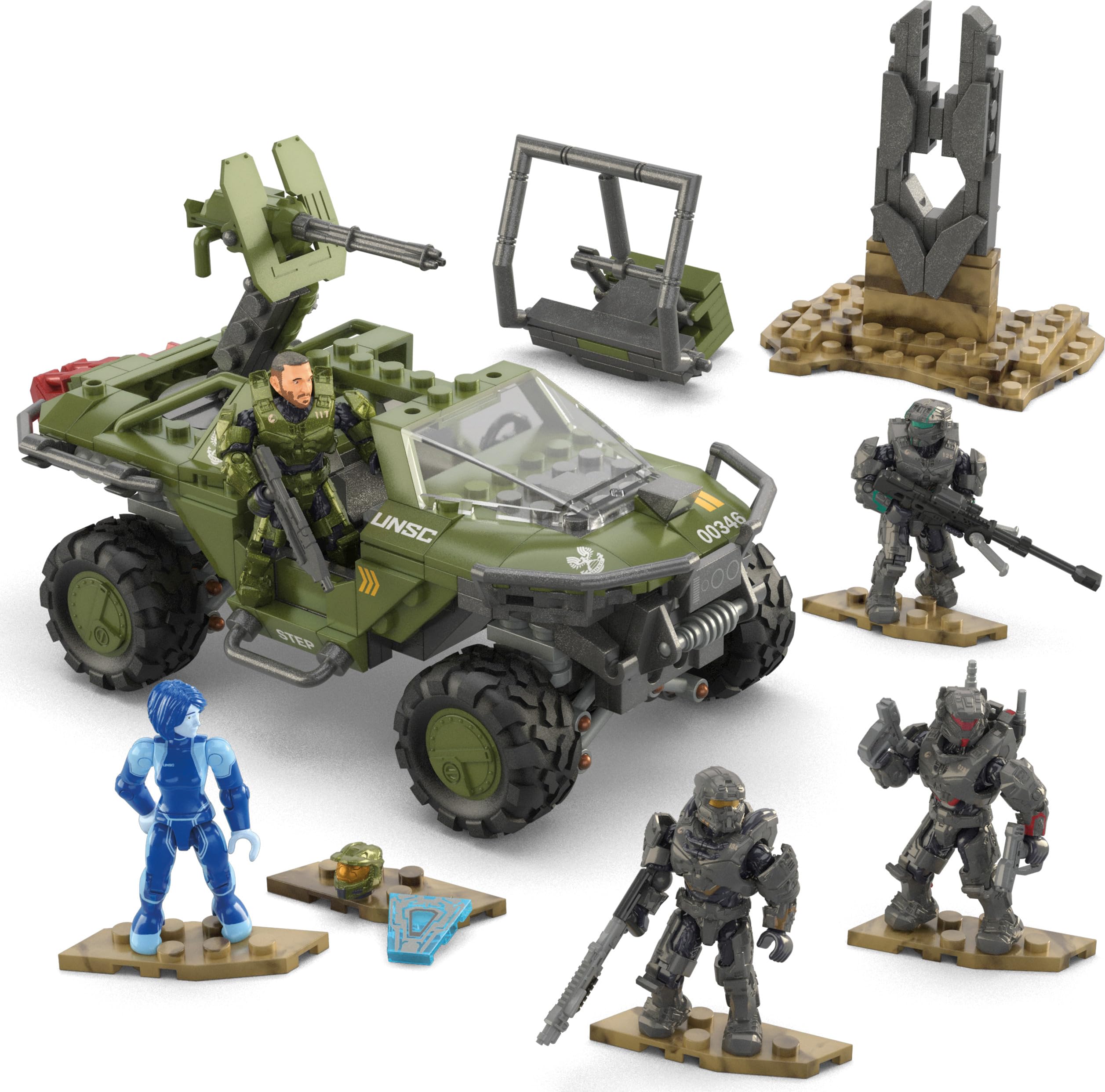 MEGA Halo Building Toys Set, FLEETCOM Warthog ATV Vehicle with 469 Pieces, 5 Poseable Micro Action Figures and Accessories