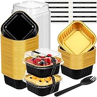 Mini Cake Pans with Lids and Spoons (100 Pack, Black-gold, 5oz) Aluminum Foil Square Muffin Pans - Mini Aluminum Pans with Lids for Dessert and Party
