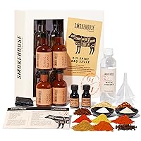 Smokehouse by Thoughtfully, DIY Spicy BBQ Sauce Gift Set, Includes 4 Glass Bottles, 2 Funnels, Gloves, Stickers, Vinegar, Molasses, Spices & More