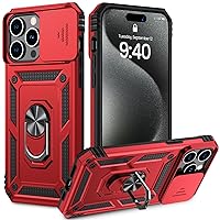 Goton for iPhone 15 Pro Max Case with Slide Camera Cover & 360° Rotate Ring Stand [Military Drop Protection] Shockproof Heavy Duty Protective, Armor Phone Case with Magnetic Car Mount Holder Red