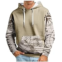 Graphic Hoodie For Men Vintage Map Print Sweatshirt Casual Athletic Workout Pocket Pullover Plus Size Mens Hoodie