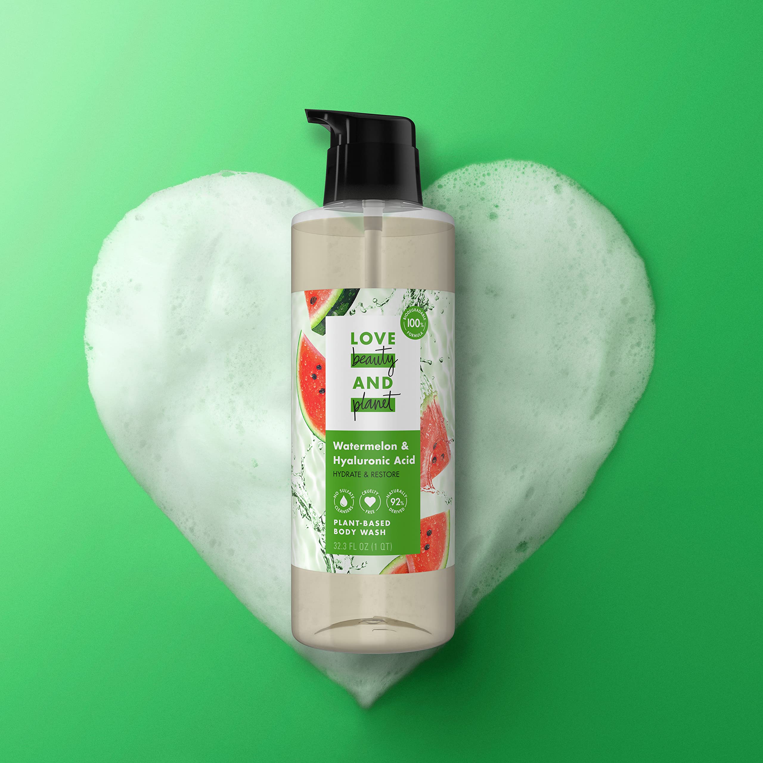 Love Beauty And Planet Plant-Based Body Wash Hydrate and Restore Skin Watermelon and Hyaluronic Acid Made with Plant-Based Cleansers and Skin Care Ingredients 32.3 fl oz