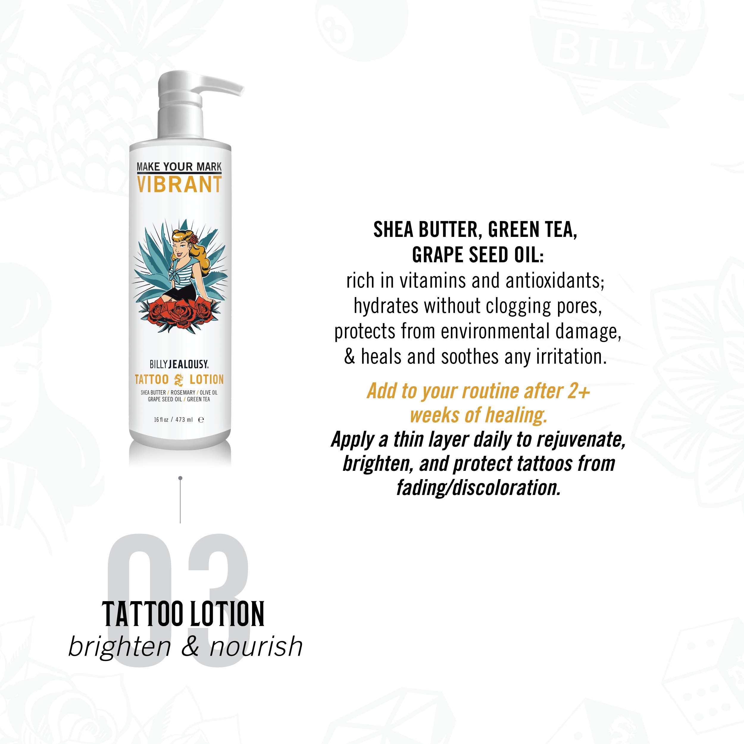 Billy Jealousy Tattoo Lotion with Shea Butter & Green Tea Leaf Extract, Vegan Tattoo Aftercare that Nourishes, Brightens, and Soothes, For All Skin Types