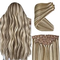 [Sunny and Ve Sunny] Clip in Hair Extensions Real Human Hair Highlights Light Brown with Platnum Blonde 18inch 240G