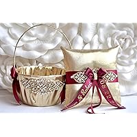 Flower Girl Basket and Ring Bearer Pillow Set in Gold and Burgundy Color + Personalization