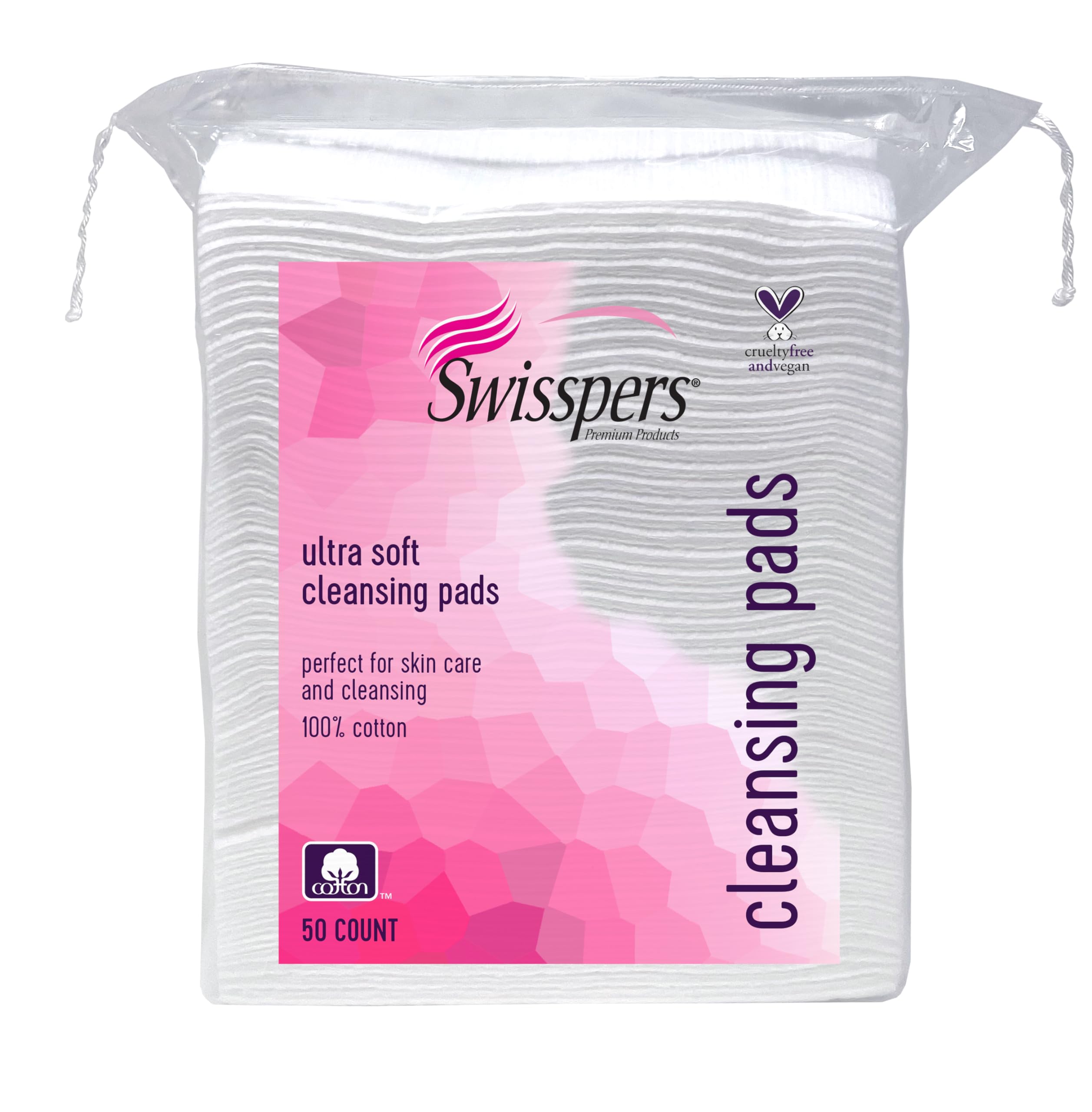 Swisspers Premium Facial Cleansing Pad, 100% Cotton, Ultra Soft, Extra Large, 50 White Pads per Reclosable Bag, 3 Bags (150 Pads Total)