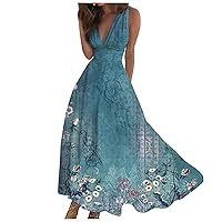 Long Dresses for Women Casual Swing A Line Floral Print Fashion Dress Sleeveless V Neck Maxi Dress
