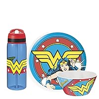 Zak Designs DC Comics Dinnerware 3 Piece Set Includes Plate, Bowl, and Water Bottle, Non-BPA, Made of Durable Material and Perfect for Fans (Wonder Woman)