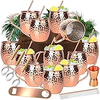 Moscow Mule Copper Mugs Moscow Mule Cups Kit 19oz Set of 12 with Handle Large Copper Hammered Plating Cups with 0.5oz Double Jigger, Stainless Steel Straws, Spoons for Cold Drinks Cocktails Wine
