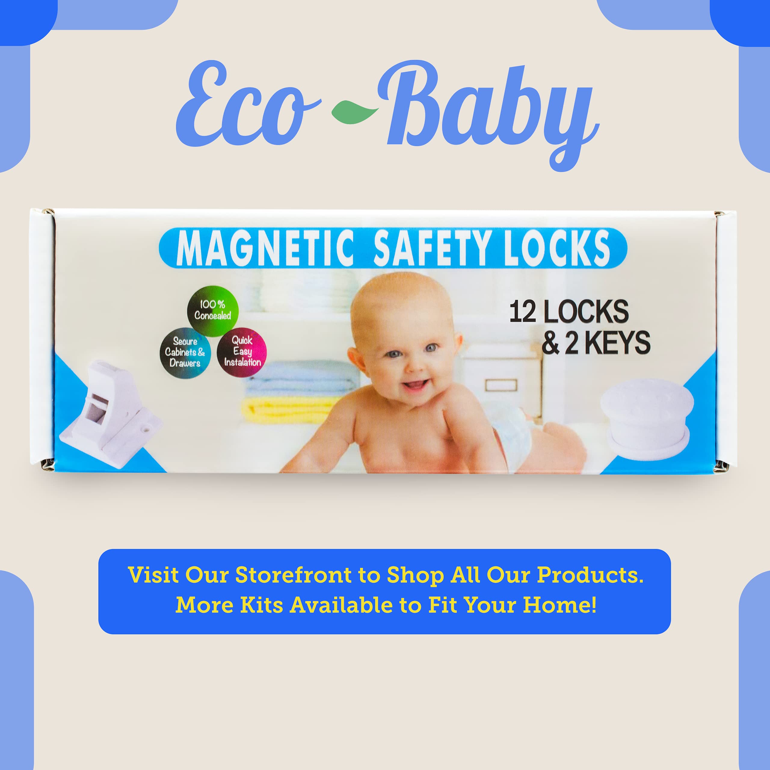 Eco Baby Magnetic Cabinet Locks for Babies - Magnetic Baby Proofing Cabinet Locks, Child Locks for Cabinets Drawers Doors for Back to School - Easy Installation No Tools Required (12 Pack and 2 Keys)