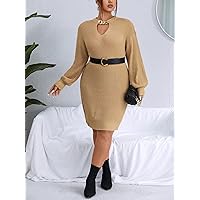 2022 Winter Women's Plus Size Sweater Dress Fashio Plus Chain Detail Cut Out Lantern Sleeve Sweater Dress Without Belt Work Casual Fashion Comfortable Warm (Color : Khaki, Size : X-Large)